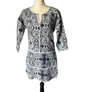 PIPERLIME COLLECTION Linen Tunic Panel Dress Size XS Blue White V-Neck Bohemian